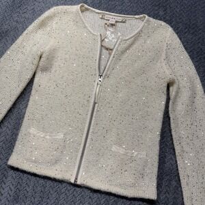 Chelsea & Violet XS Sequin Knit Zip Cardigan Ivory Wool‎ Blend Sparkle Party